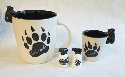Matte Ceramic with 3D Black Bear items:  Mug, shotglass and thimble.  