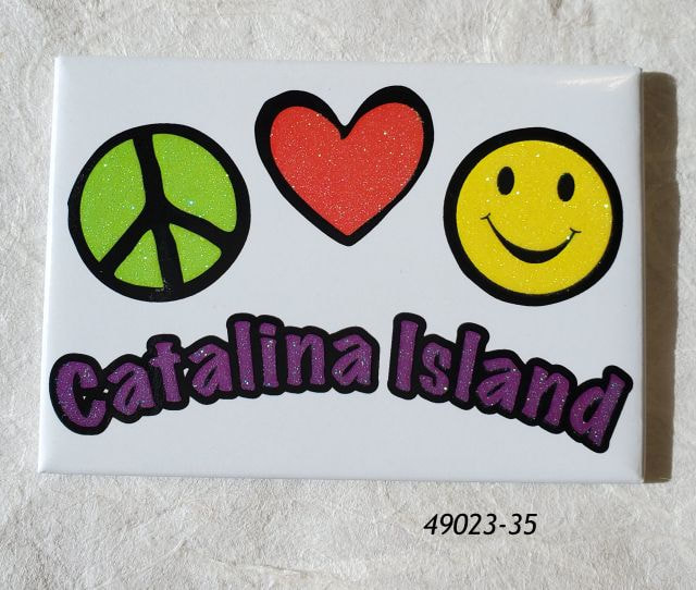49023-35 Souvenir 2" x 3" flat magnet with glitter graphic peace/love/happiness Catalina