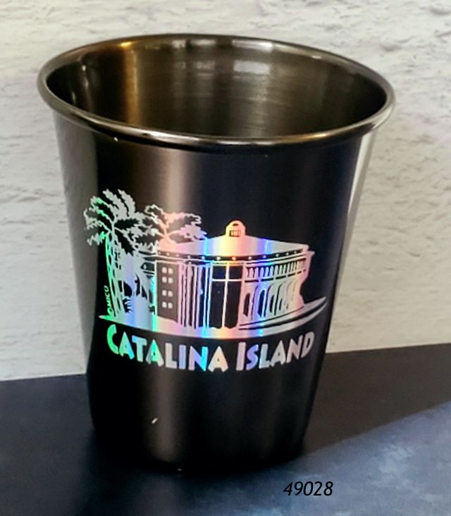 49028 Catalina Souvenir Shotglass of gunmetal colored stainless steel with iridescent design of Catalina Casino and palm trees. 