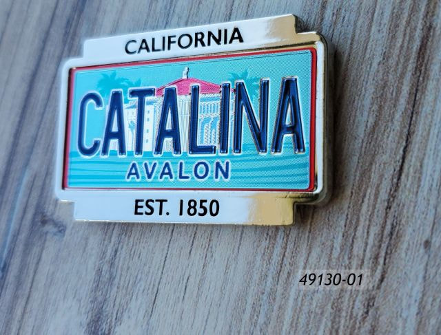 49130-01 Catalina Souvenir Magnet with foil etch license plate graphic that reads Catalina in front of the casino building.  Metal Framework reads: California Est. 1850