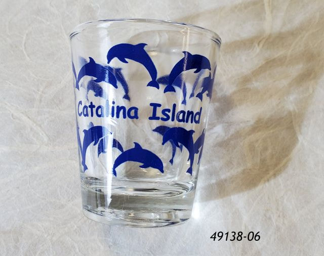 49138-06  Catalina Souvenir shotglass with dark blue dolphins imprint