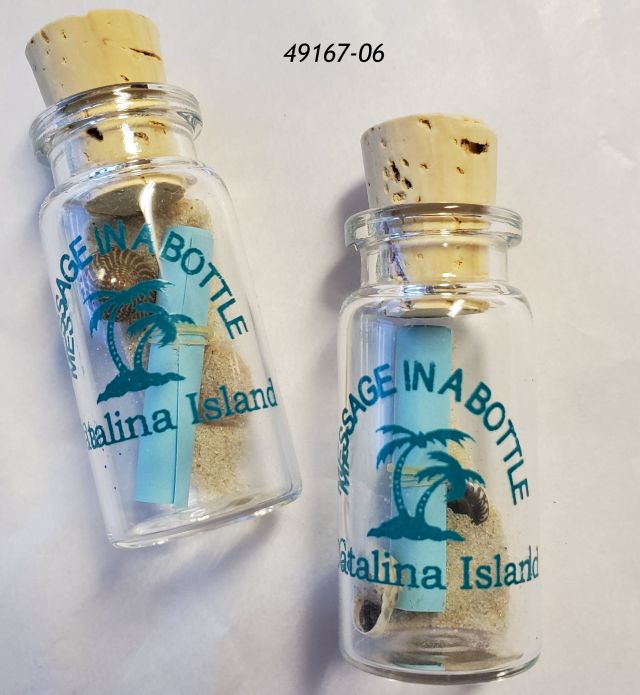 49167-06 Miniature glass bottles with sand, shells and a rolled strip of paper.  Message in a Bottle.  Catalina Souvenir.   72 count display.