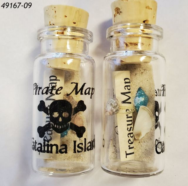 49167-09 Miniature glass bottles with sand, shells and a rolled strip of paper.  Pirate Map in a Bottle.  Catalina Souvenir.   72 count display.