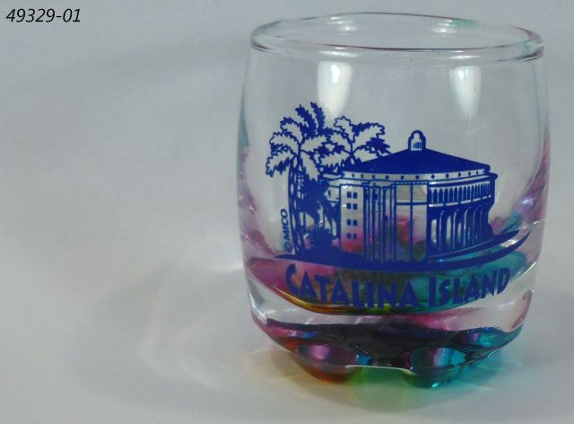 Rounded Base Catalina Island souvenir shotglass. Rainbow base and Catalina design in blue. 