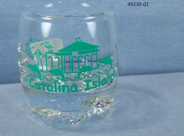 49330-01 Catalina Island souvenir rounded base shotglass with teal color design.  