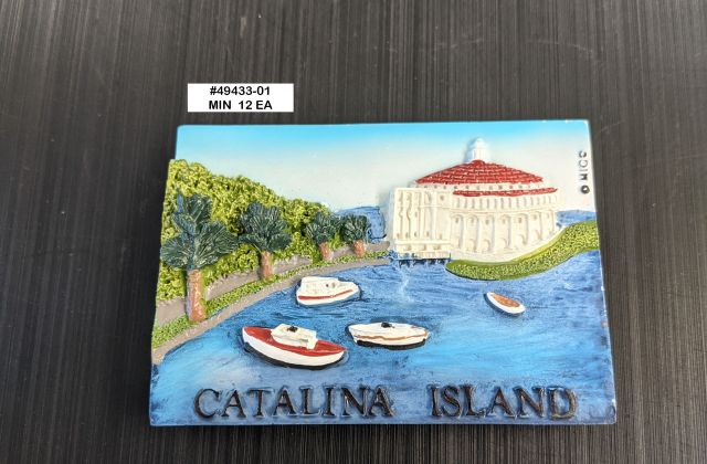 Rectangular relief poly resin magnet with Catalina Island souvenir scene of harbor, casino building and boats. 