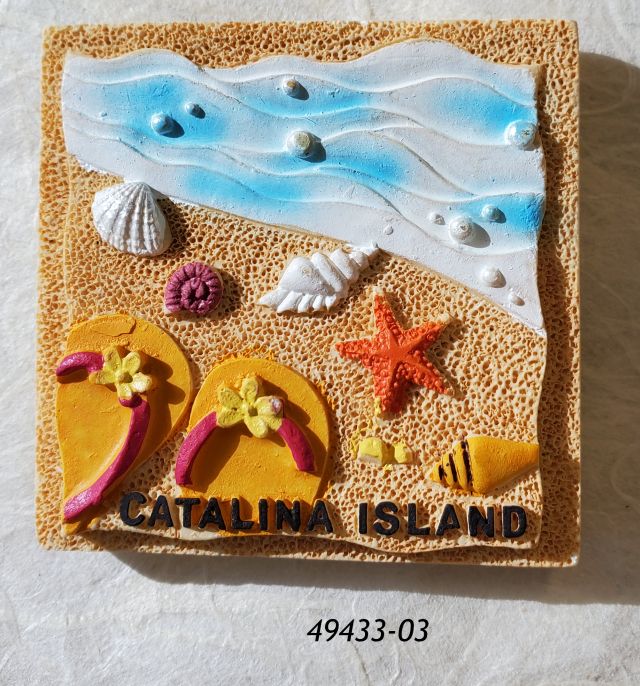 49433-03  Catalina Souvenir Magnet.  Poly Resin.  Sandy Beach with flip flops.  