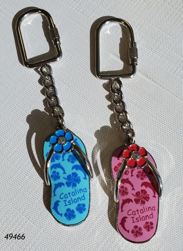 49466 Catalina Souvenir metal keyring, zori with hibiscus and dolphin design and crystal flower.   Comes in assorted blue and pink colors. 