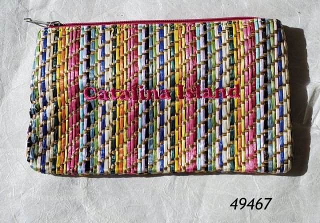 49467 Catalina souvenir woven rainbow jute straw zip pouch, 8" 