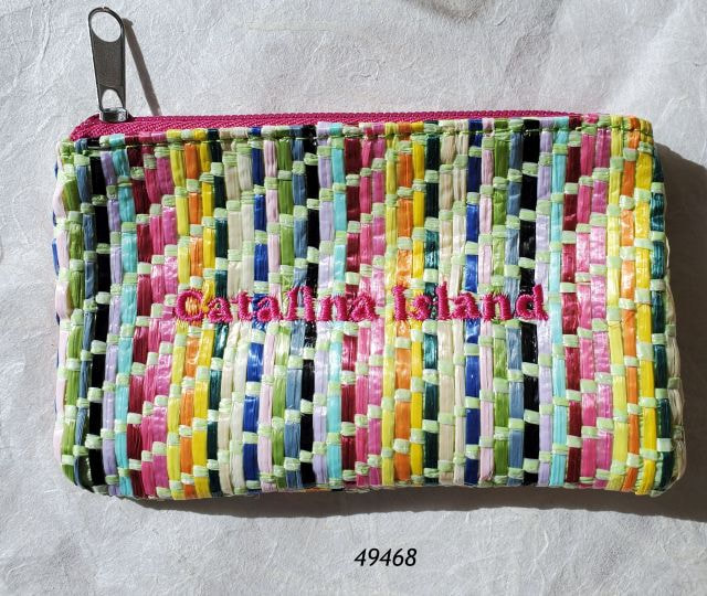 49468 Catalina 5.5" souvenir zip coin purse of woven rainbow color jute straw.  