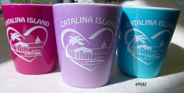 49582 Catalina Island souvenir shot, 3 assorted colors in shimmer finish.  Porcelain. 
