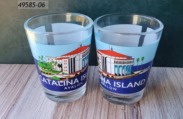 49585-06 Clear Glass shot with decal wrap design:  Catalina Harbor Scene featuring Casino and Blue water. 