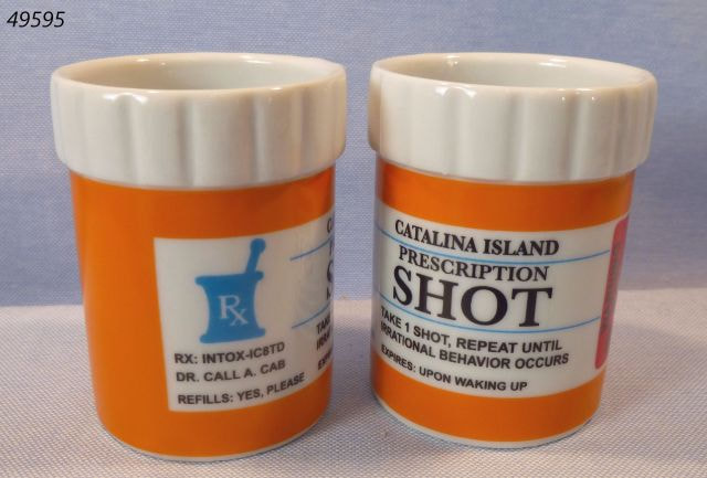 49595-05 Catalina Souvenir shotglass.  RX design, shaped like pill bottle. Novelty item. 