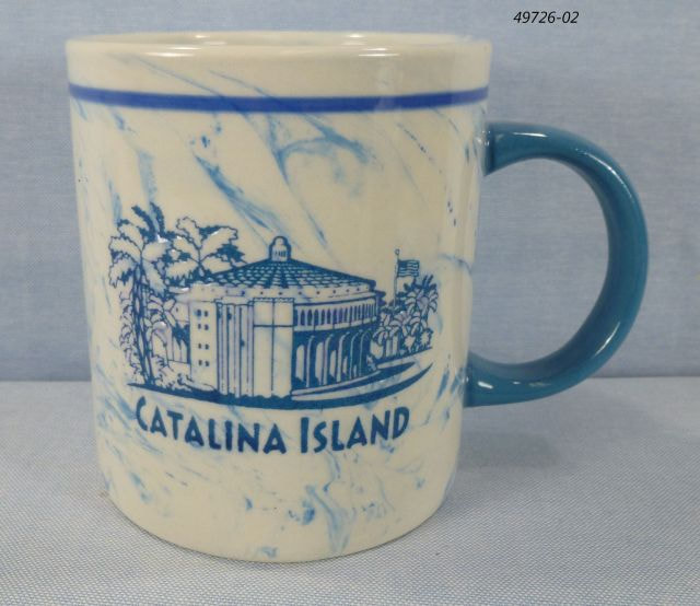49726-02  Catalina Island souvenir 11 oz mug.  Blue and white marbled mug with blue casino palms design. 