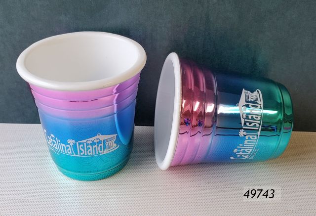 49743 Catalina Island souvenir plastic shot with shiny rainbow finish and white imprint souvenir design