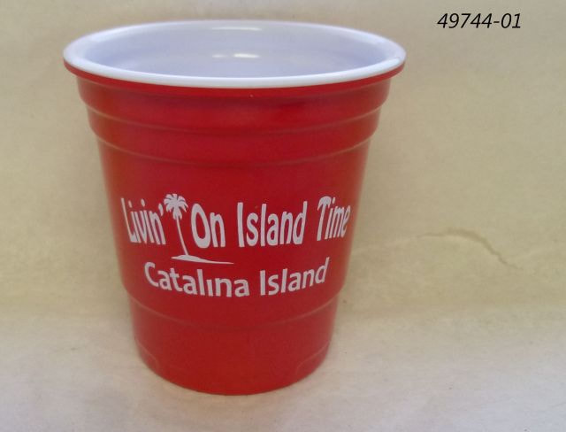 49744-01 Catalina Island red shot glass with white inside and Livin On Island Time design.  