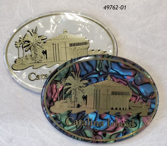49762-01 Oval magnet with faux shell design with gold Casino Palms design.  Catalina Island Souvenir.  2 assorted shell colors. 