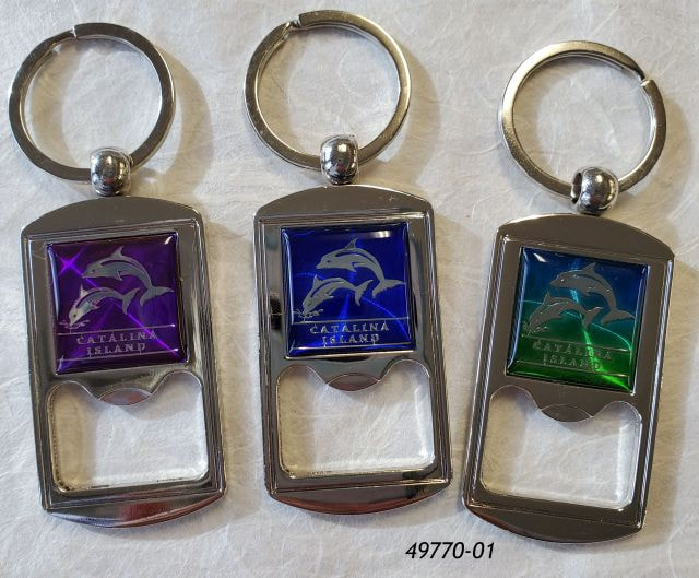 49770-01 Catalina Island souvenir bottle opener keyring, three assorted foil colors, leaping dolphin design. 