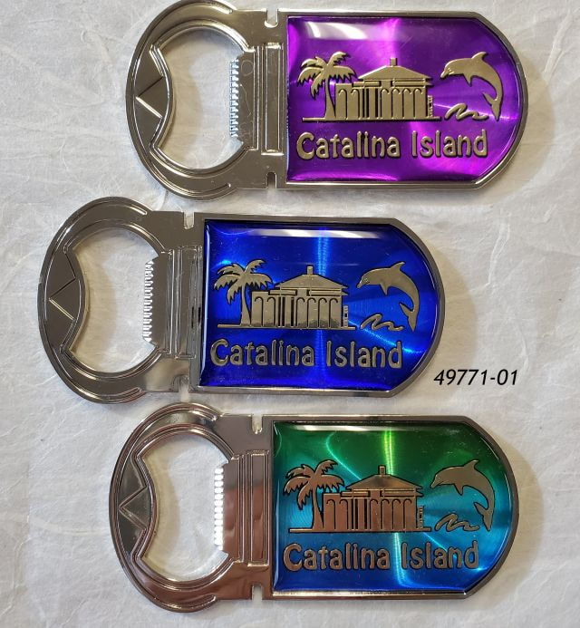 49771-01 Catalina Island souvenir bottle opener magnets, 3 assorted colors.  Foil background with gold casino, dolphin design. 
