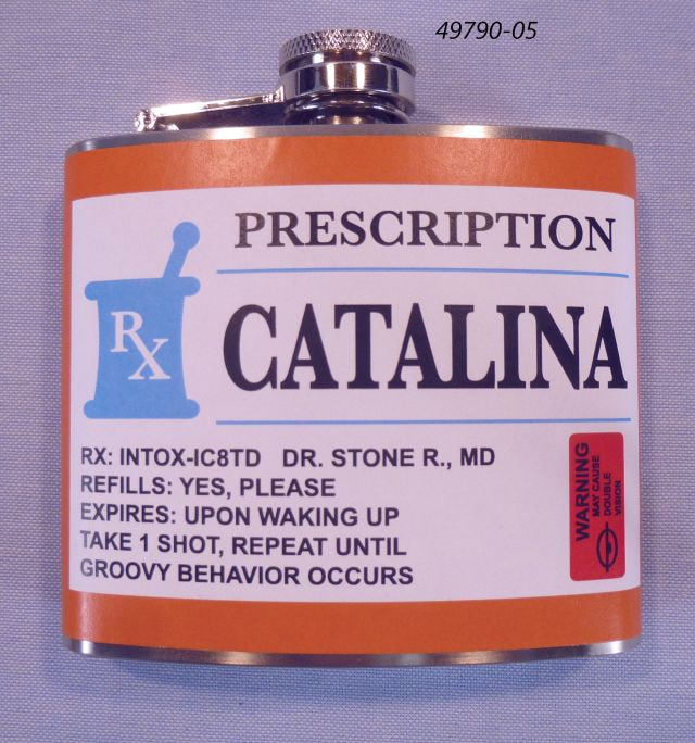 49790-05 Catalina 5 oz steel flask with RX novelty design label. 