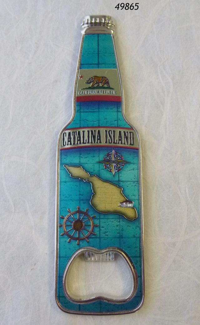 49865 Magnetic bottle opener with souvenir Catalina Island Nautical Map design.  Shaped like a bottle. 
