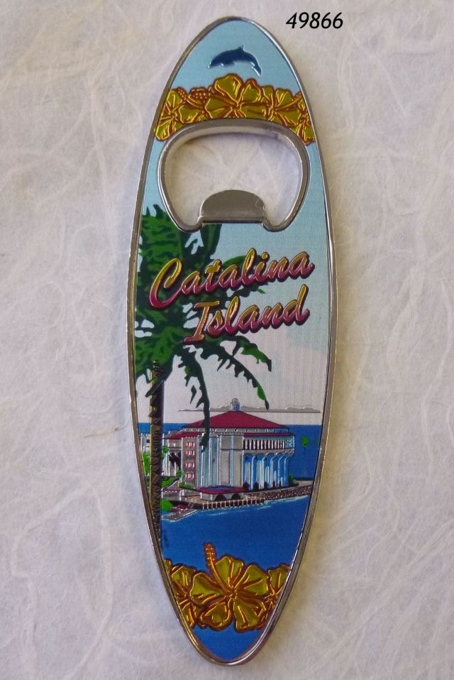49866 Catalina Island surfboard shape bottle opener magnet with Casino Palm design. 