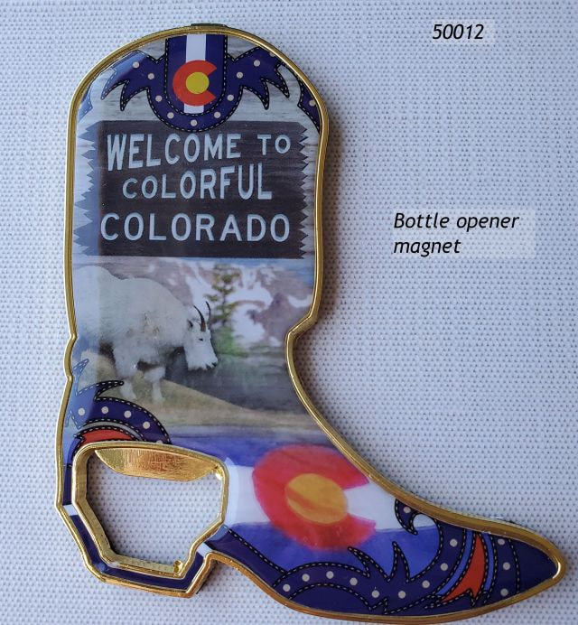 50012 Colorado Souvenir Bottle Opener Magnet shaped like a Cowboy Boot with photo montage of Colorado Scenery. 