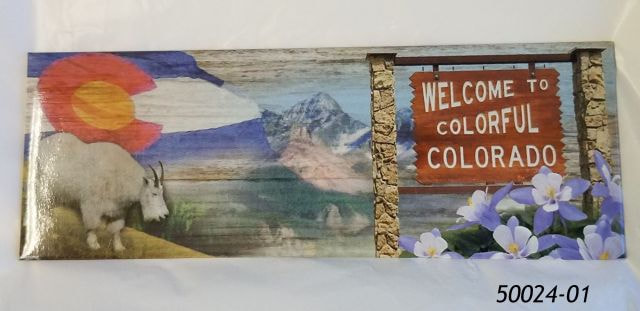 Colorado Photo Magnet with Columbines, Mtn Goat, Colorful Colorado Sign and Mountain Scenery. 
