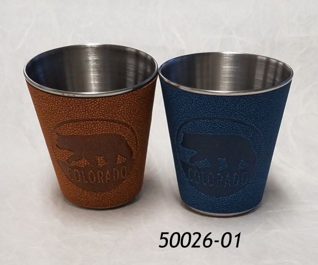 Colorado crackle leatherette shotglass souvenir with debossed bear design.  Assorted tan and blue.  For a limited time, your assortment may also include grey color. 