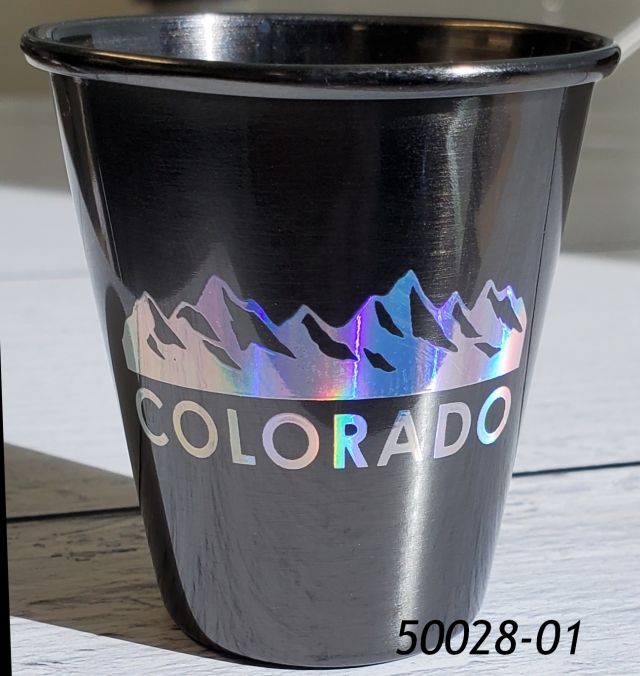 50028-01  Colorado Souvenir Metal Shotglass in a dark gunmetal color with iridescent mountains design on two sides.  
