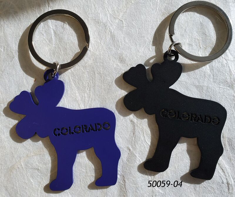 Colorado Souvenir Moose cutout keyring in assorted blue and black colors with cutout lettering.  Item 50059-04