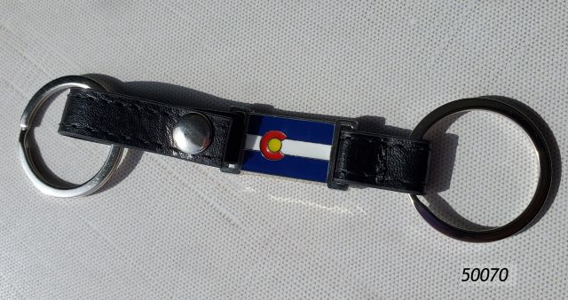 50070 Colorado Black leatherette strap keyring with metal flag icon and two keyring attachments