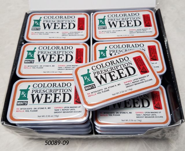 Souvenir Breath Mints in tin box.  Design is Colorado RX Weed.  Novelty item, does not contain THC.  