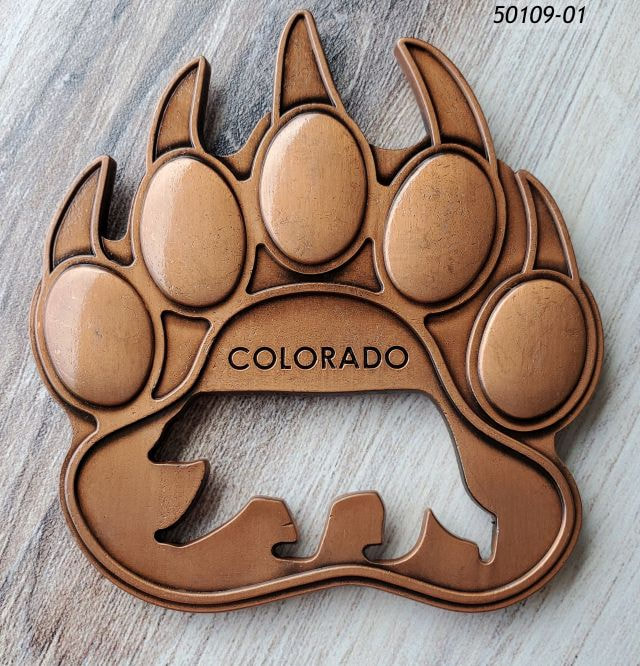 50109 Colorado souvenir bottle opener magnet in copper colored metal with bear paw design and reverse image bear. 