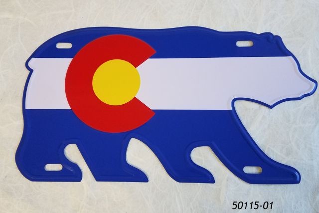 Colorado Souvenir license plate with Flag design on Bear Cutout shape. Embossed Metal. 