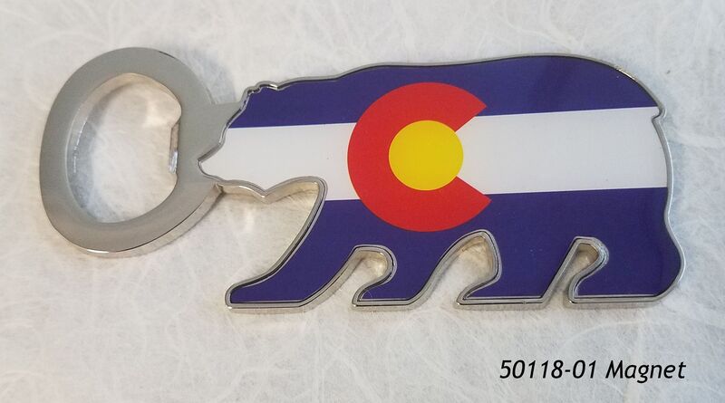 Colorado Souvenir Bear-shaped metal bottle opener magnet with Colorado Flag design. 