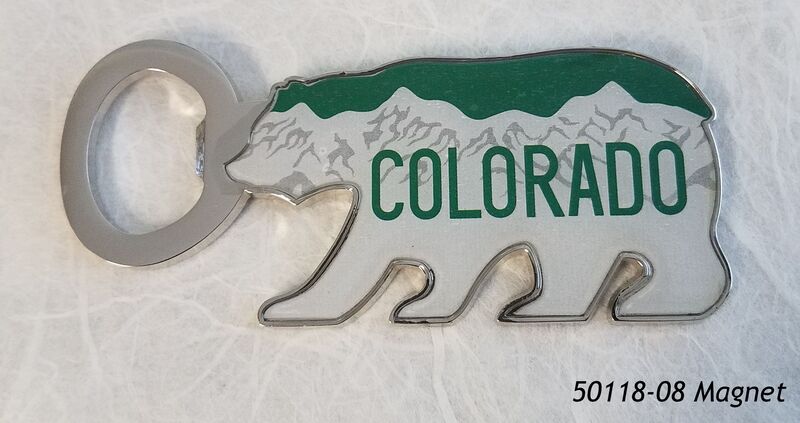 Colorado Souvenir Bear Shaped Metal Bottle Opener Magnet with Green License Plate design.  