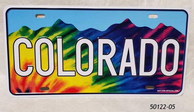 50122-05  Colorado Souvenir Aluminum License plate with rainbow color tie dye mountain range design. 