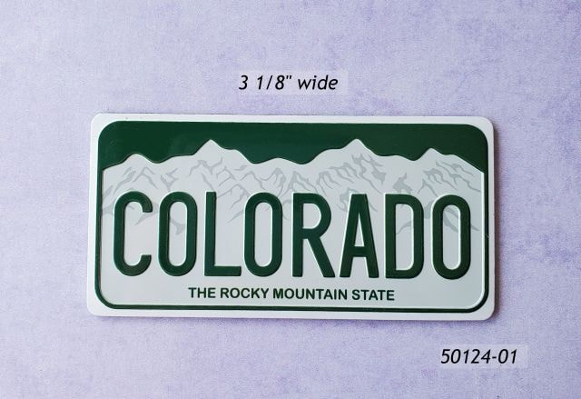 50124-01 Colorado souvenir license plate magnet of embossed aluminum.  Measures approx 3.125 inches wide. 