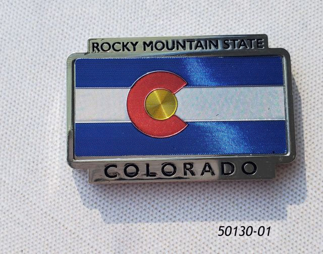 50130-01 Colorado Souvenir License Plate magnet in etched foil with flag design and with metal framework that reads: Rocky Mountain State Colorado