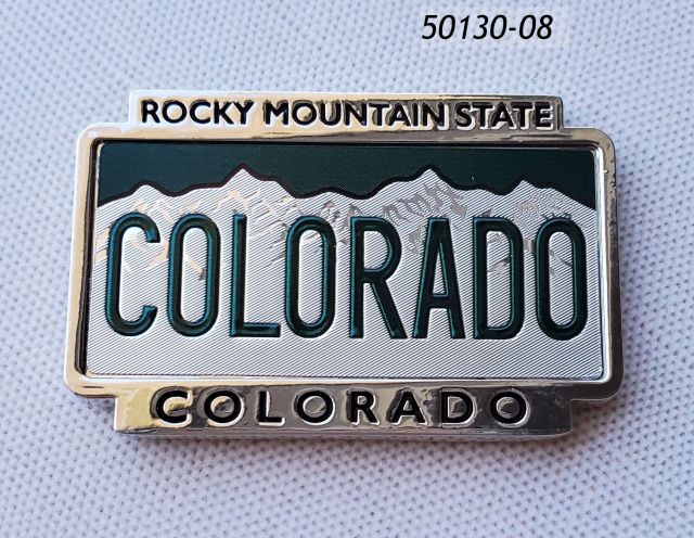 50130-08 Colorado Souvenir Magnet with Mountains License Plate graphic and  metal framework that reads Rocky Mountain State Colorado