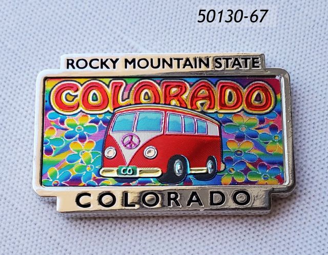 50130-67 Colorado Souvenir License Plate Magnet with Etched Foil Red Peace Van and Flowers design.  Metal frame reads Rocky Mountain State Colorado