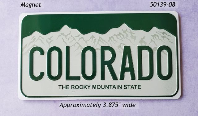 50139-08 Colorado license plate magnet of embossed aluminum.  Approx 3.875 inches wide. 