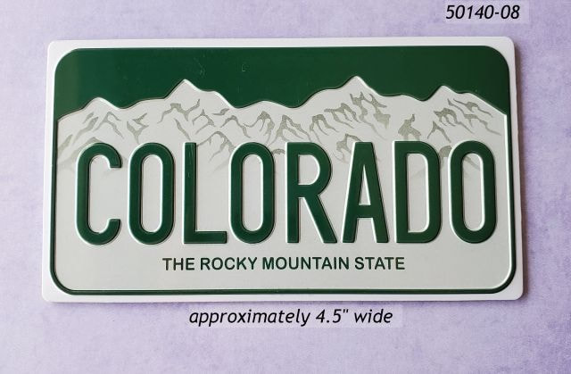 50140-08 Colorado Embossed Aluminum License plate magnet, large size, measures approximately 4.5" across. 
