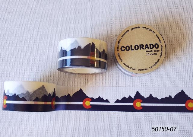 50150-07 Colorado Souvenir roll of decorative masking tape with a repeating Colorado Flag mountain design. 