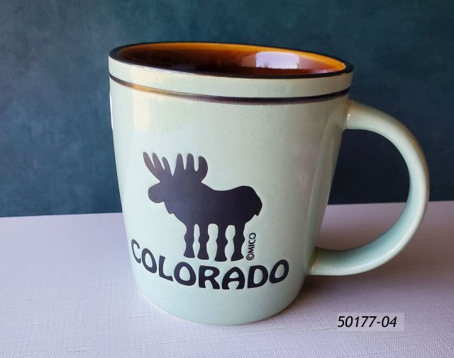 50177-04 Colorado Souvenir Mug Aqua with brown liner and debossed Comic Moose design. 