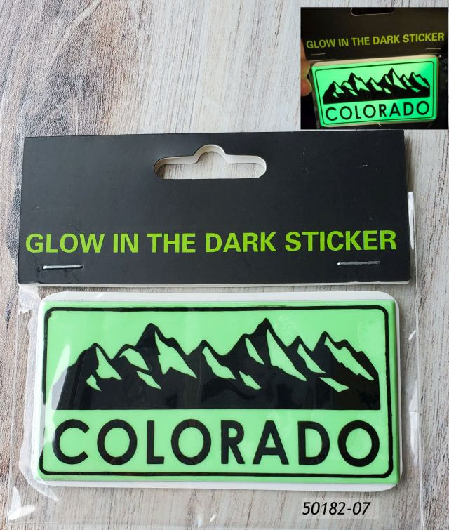 50182-07 Colorado Souvenir Glow in the Dark Sticker in poly bag with header card for hanging. Design is a Colorado Mountain Range graphic. 