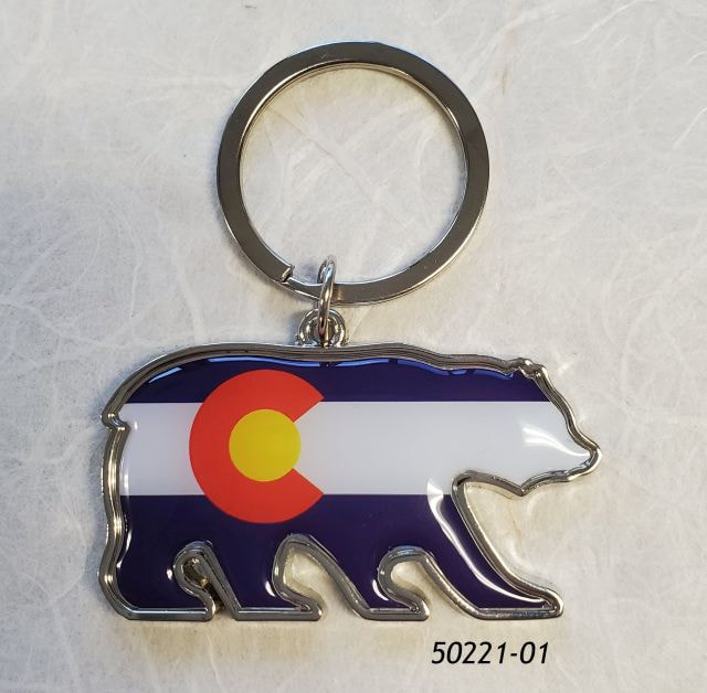 50221-01 Colorado Souvenir Keyring bear shape with flag graphic. 