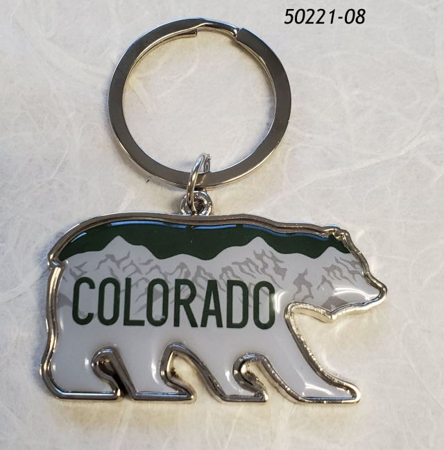 50221-08 Colorado Souvenir Keyring, bear shaped with license plate graphic design. 