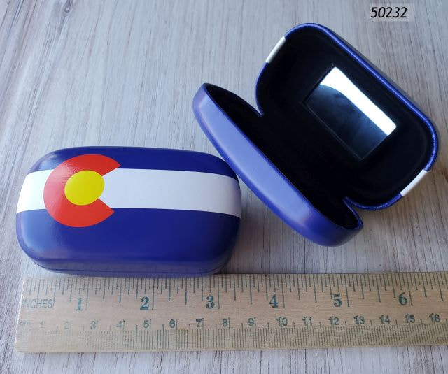 Colorado Souvenir mini case, with flag design.  Could be used for earphones, change, trinkets, sundries, jewelry or whatever small objects you have.  Inner felt lined w a small mirror. 